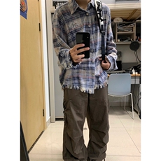 美式复古格子衬衫女长袖开衫cleanfit外套宽松情侣上衣潮B320-P55，男装衬衫，星座1007（原301D）