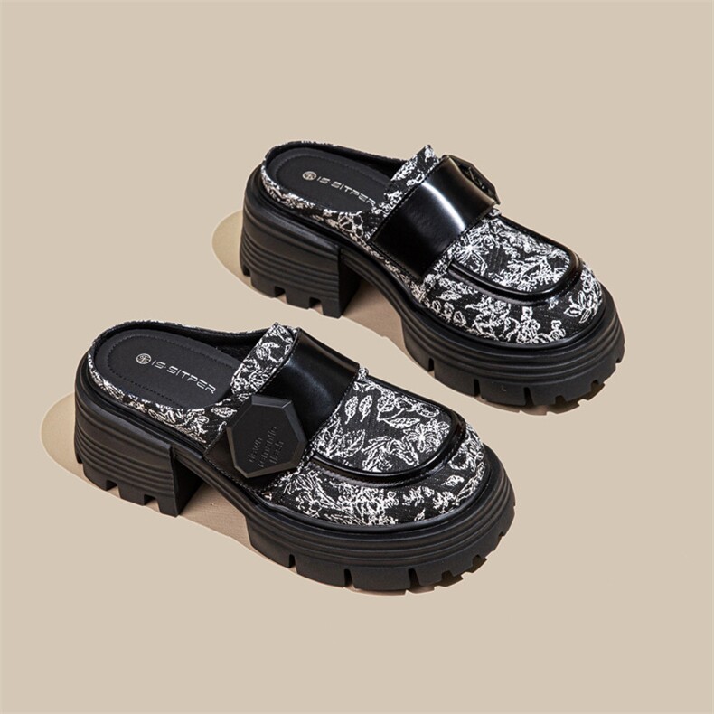 真皮厚底包头半拖鞋女外穿2024春夏新款粗跟高跟乐福鞋增高小皮鞋，女鞋拖鞋，电商A223