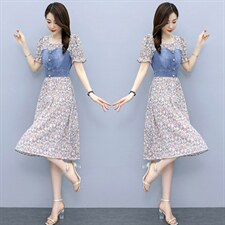 汉派鑫源时尚拼接牛仔连衣裙女2025新款夏季微胖身材收腰牛仔裙子，女装连衣裙，涵亦佰惠