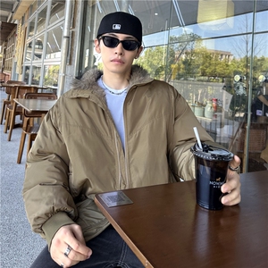 美式潮牌立领座山雕纯色小众设计感拉链港风棉服外套图片