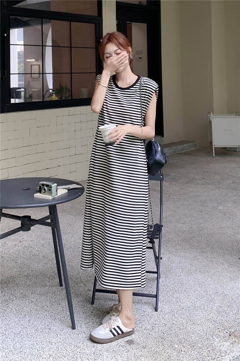 法式慵懒风连衣裙女气质2025夏季新款时尚宽松拼接高腰无袖长裙,女装连衣裙,红龙果