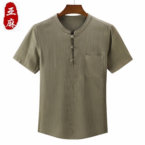 主推新款夏男款中老年风亚麻短袖T恤棉麻套头爸爸装上衣半袖图片