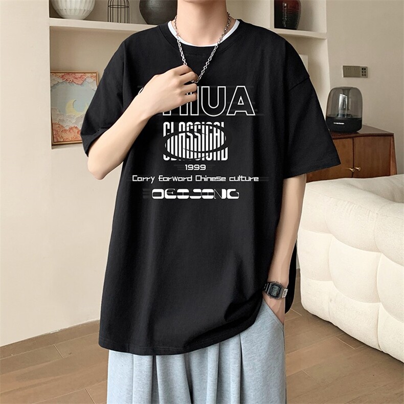 新款夏季男装纯棉短袖T恤落肩款英文字母印花时尚休闲上衣,男装T恤,星座1013