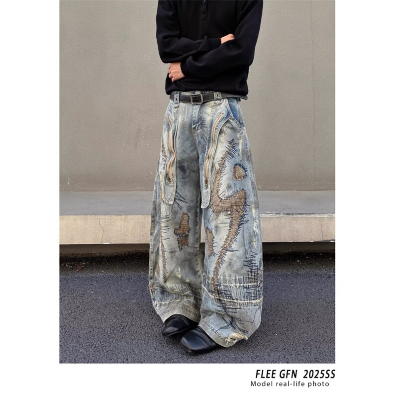 W10143-P98网图现货重磅高街设计乱针刺绣弯刀牛仔裤潮流日系,男装牛仔裤,星座1608-2