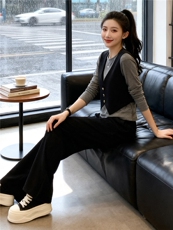 韩版时尚休闲套装女秋季新款马甲假两件长袖上衣宽松阔腿裤两件套，女装套装/套裙，江南