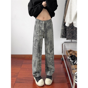 B221 美式ins高街暗黑宽松直筒迷彩牛仔裤LK24405-特P45控78图片