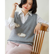 可爱羊图案针织马甲女秋冬季新款宽松显瘦百搭毛衣背心外套，女装马甲，迎冬羊绒