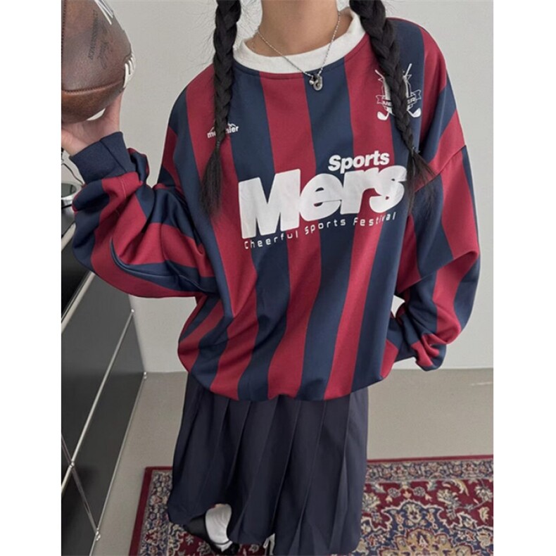 春秋新款美式宽松条纹时尚圆领套头卫衣男女拼色球衣WT10，男装卫衣，星座1116A（原606A-3）