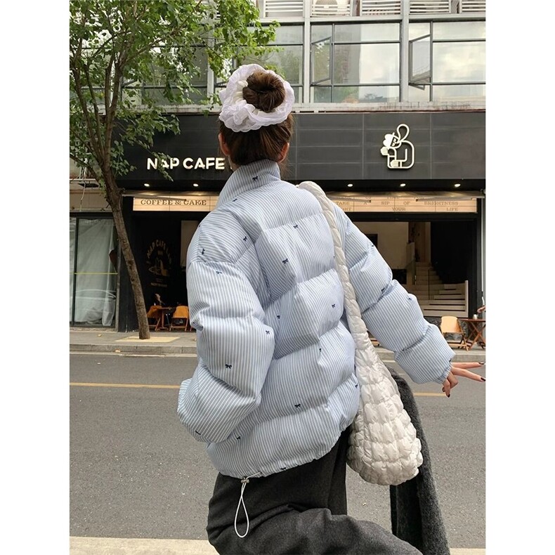 原版质量蝴蝶结蓝色面包服外套女冬条纹设计感保暖宽松棉袄棉衣,男装棉衣,星座506A
