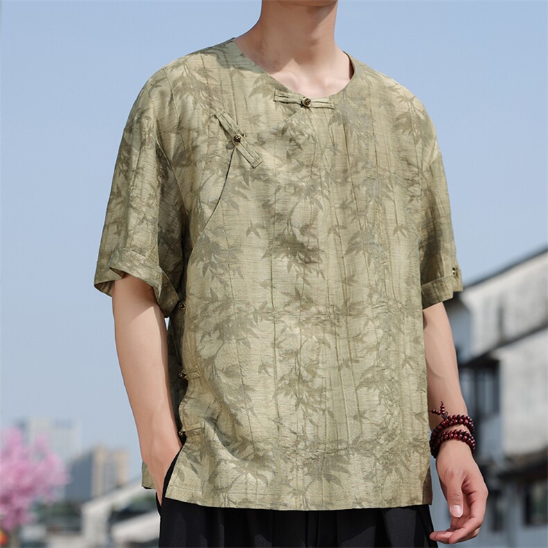 2025夏季新款风男上衣盘扣新中式唐装天丝竹叶衬衫TC131-P75,男装衬衫,电商B277(原6028)