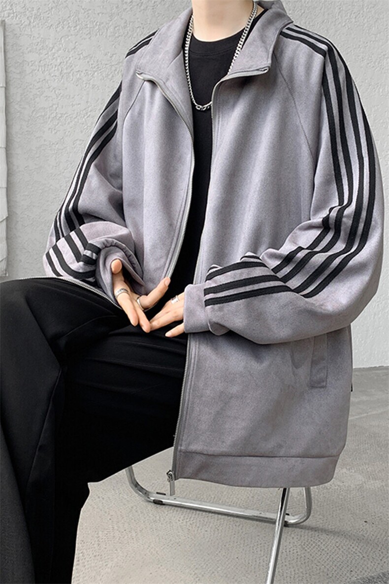 8XL-M春季大码外套男重磅条纹麂皮绒棒球服立领夹克衫JK004P75,男装夹克,电商B312