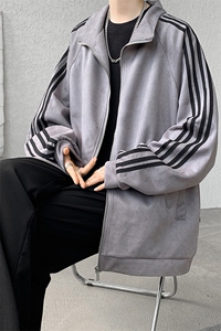 8XL-M 春季大码外套男重磅条纹麂皮绒棒球服立领夹克衫JK004P75图片