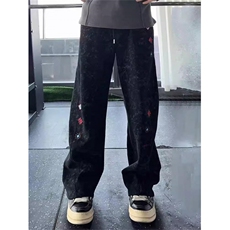 扎染刺绣直筒卫裤男春秋美式宽松窄版阔腿裤弯刀微喇裤子，男装休闲裤，四季星座505