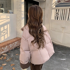 灯芯绒拼接粉色羽绒服女冬季2025新款短款小个子简约白鸭绒外套，女装羽绒服，2C129