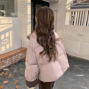 灯芯绒拼接粉色羽绒服女冬季2025新款短款小个子简约白鸭绒外套图片