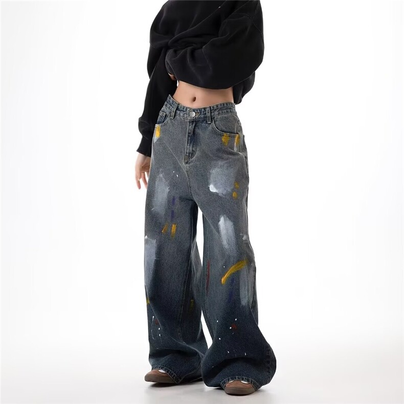 2025美式复古漆点涂鸦牛仔裤男高腰直筒阔腿裤新款休闲百搭工装裤，男装牛仔裤，星座516A