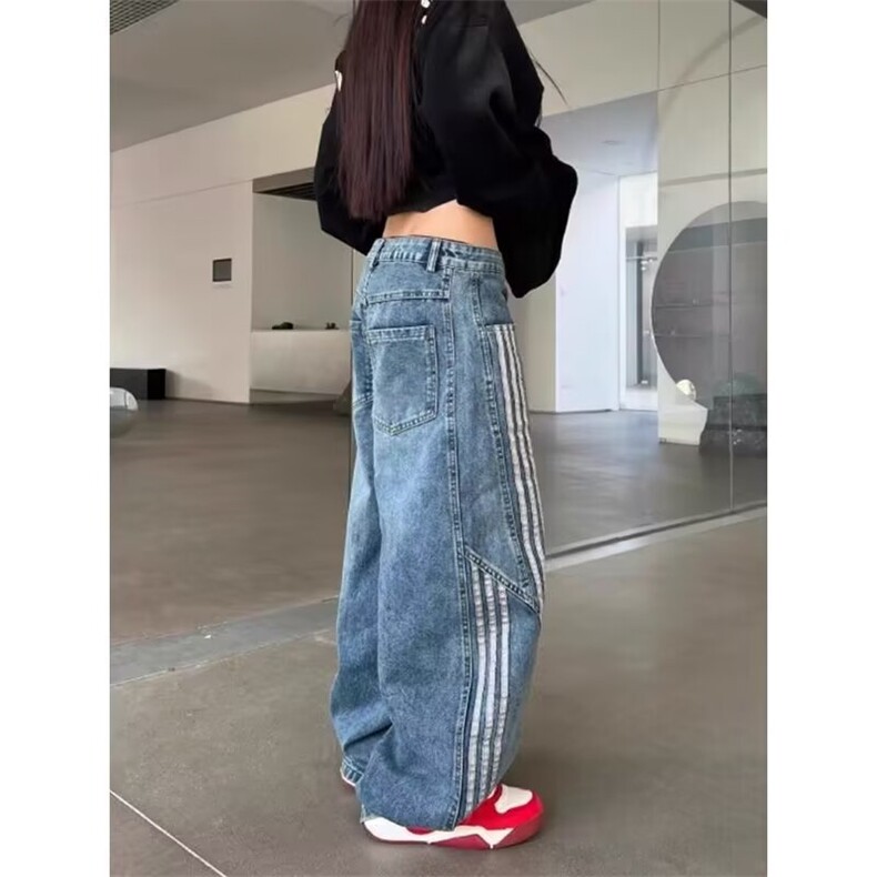 KU34-P52美式复古水洗解构弯刀牛仔裤女高街条纹拼接宽松显瘦,男装牛仔裤,电商B323A