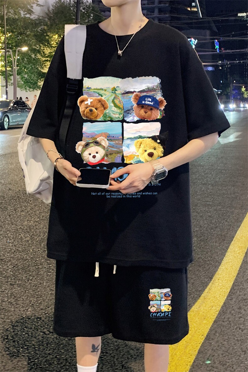 ！2024夏季新款华夫格短袖套装青少年学生半袖一套HTZ22P50,男装T恤,电商B220