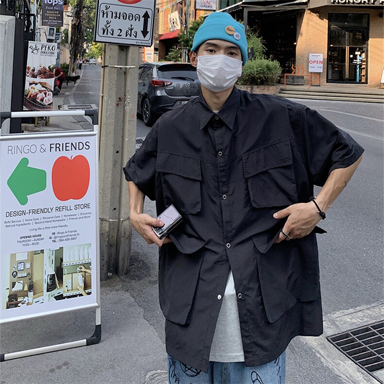 短袖工装衬衫男日系夏季宽松五分袖休闲上衣学生中袖衬衣C31-P42,男装衬衫,星座1008