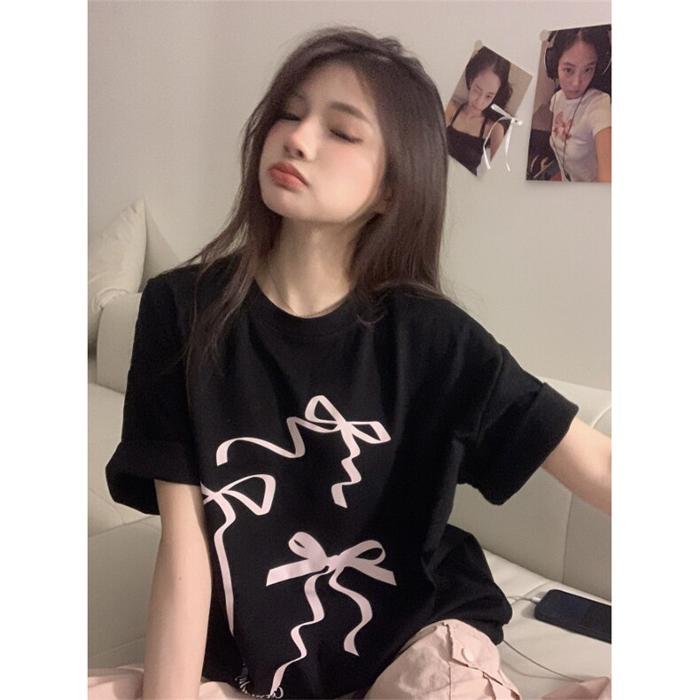 T590-P25黑粉蝴蝶结印花纯棉短袖甜美少女学生百搭T恤,男装T恤,星座617A-2