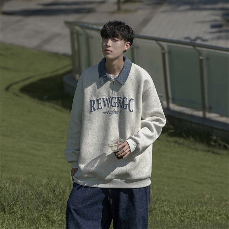 W676-P60 控78 50%棉50%聚酯纤维 半拉链牛仔领POLO衫卫衣男图片