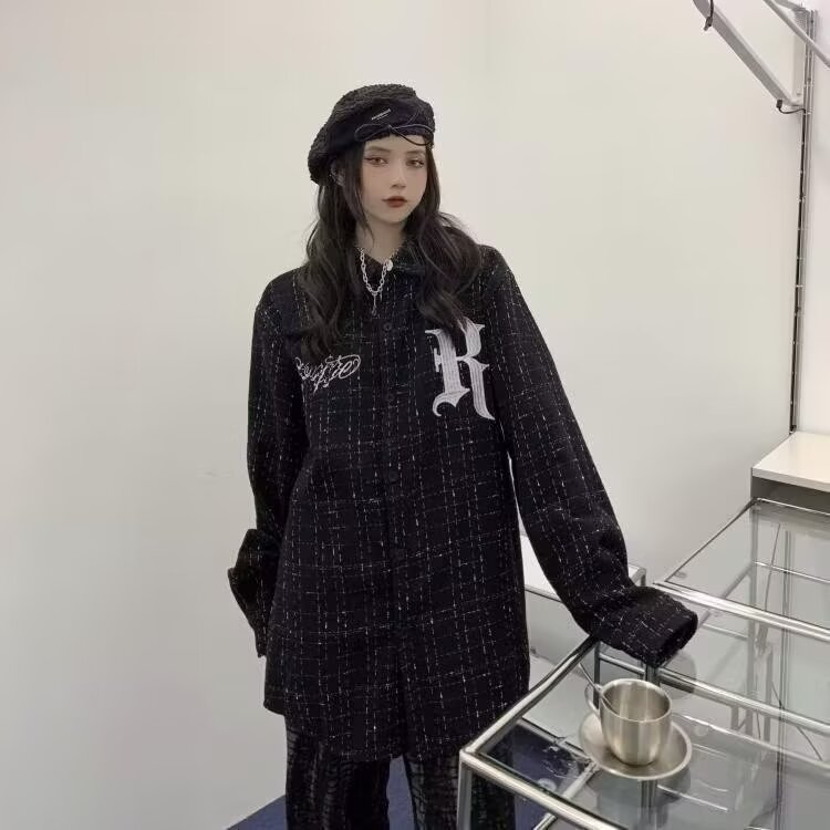 潮高街刺绣小香风格子ins长袖衬衫男女街头痞帅外套潮JK12/P52,男装衬衫,星座506