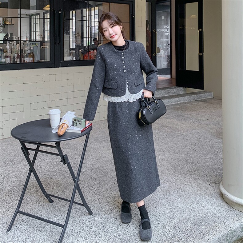 法式小香风毛呢套装裙女2025春秋新款名媛气质高级感半身裙两件套,女装套装/套裙,2C317