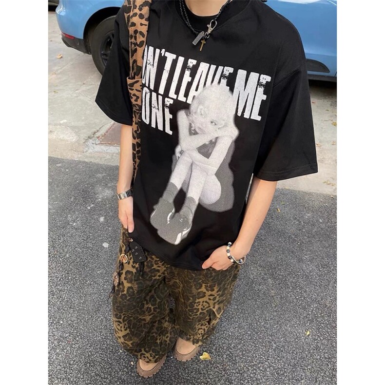 美式复古人像印花短袖男夏季欧美潮牌重磅t恤cleanfit宽松七分袖，男装T恤，四季星座505