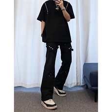 美式hiphop裤子交叉绑带黑色牛仔裤KZ05-P55，男装牛仔裤，星座310A-4