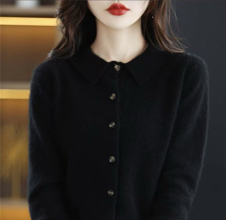 秋冬100%羊毛针织衬衫女外套POLO领打底衫毛衣开衫翻领羊绒衫外搭,针织衫/毛衣,国旺羊绒