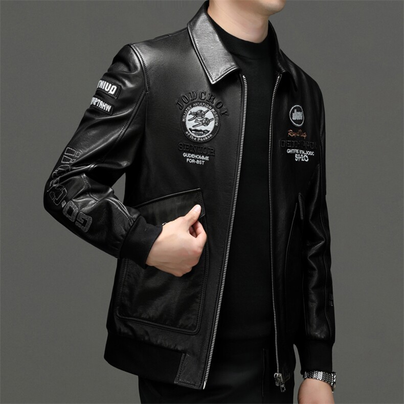 秋冬新款海宁皮衣男牛皮外套徽章空军服刺绣皮衣翻领P960,男装皮衣,电商B360