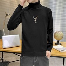 秋冬可翻高领毛衣男鹿头纯色长袖男刺绣毛衫打底针织衫棕M255P33，男装针织衫/毛衣，星座1207