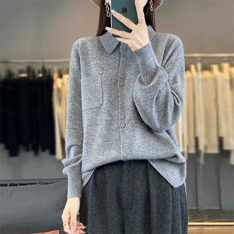 气质羊毛POLO领针织开衫毛衣女宽松慵懒春秋装打底衬衫外套上衣,女装衬衫,优麦羊绒（原洪叶羊绒）