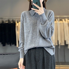 气质羊毛POLO领针织开衫毛衣女宽松慵懒春秋装打底衬衫外套上衣，女装衬衫，优麦羊绒（原洪叶羊绒）