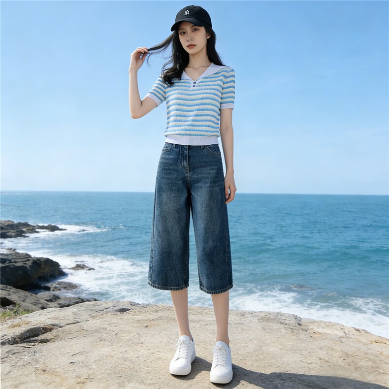 时尚简约套装女夏季新款洋气减龄蓝色翻领条纹上衣牛仔中裤两件套,女装套装/套裙,江南