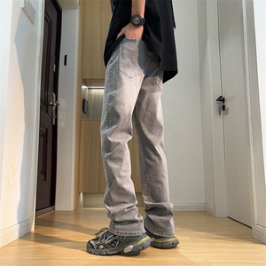 牛仔裤男2024春季新款美式复古高街潮牌做旧水洗直筒修身休闲裤子,男士v领皮衣怎么搭配图片