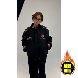 现货高品质美式高街重磅刺绣座山雕大毛毛领棉衣男女加厚棉服外套图片