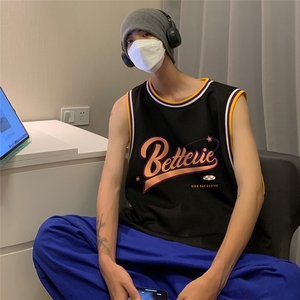 港风 纯棉夏季休闲拼色螺纹印花网眼篮球背心男女 T6927 P35控48图片