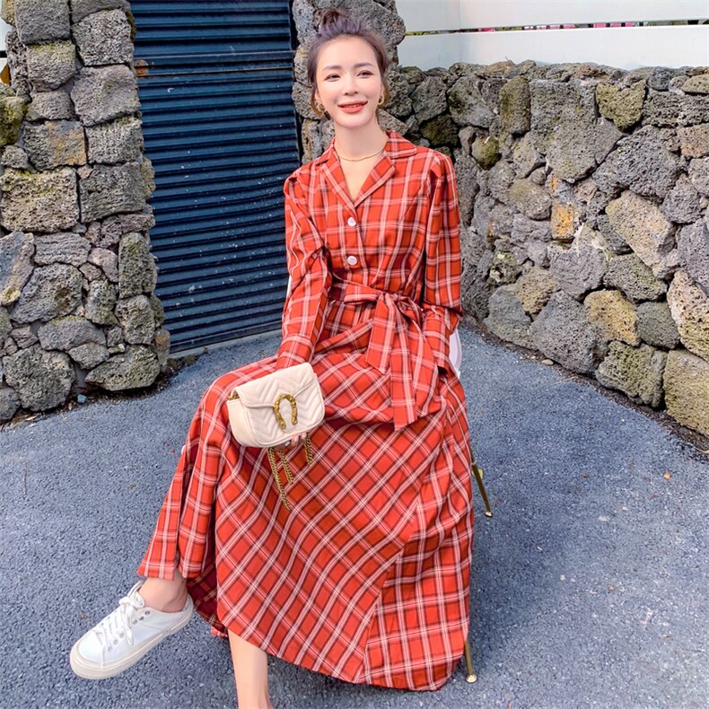 新品2021春秋装格子连衣裙255-2077,女装连衣裙,浙宝288（原255）