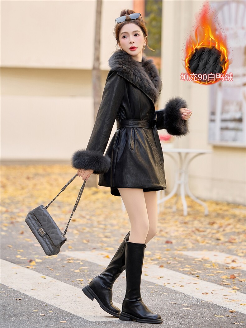 2025冬季新款真狐狸毛90白鸭绒皮质高级羽绒服纯色真毛领真袖毛,女装皮草,韩宇舍