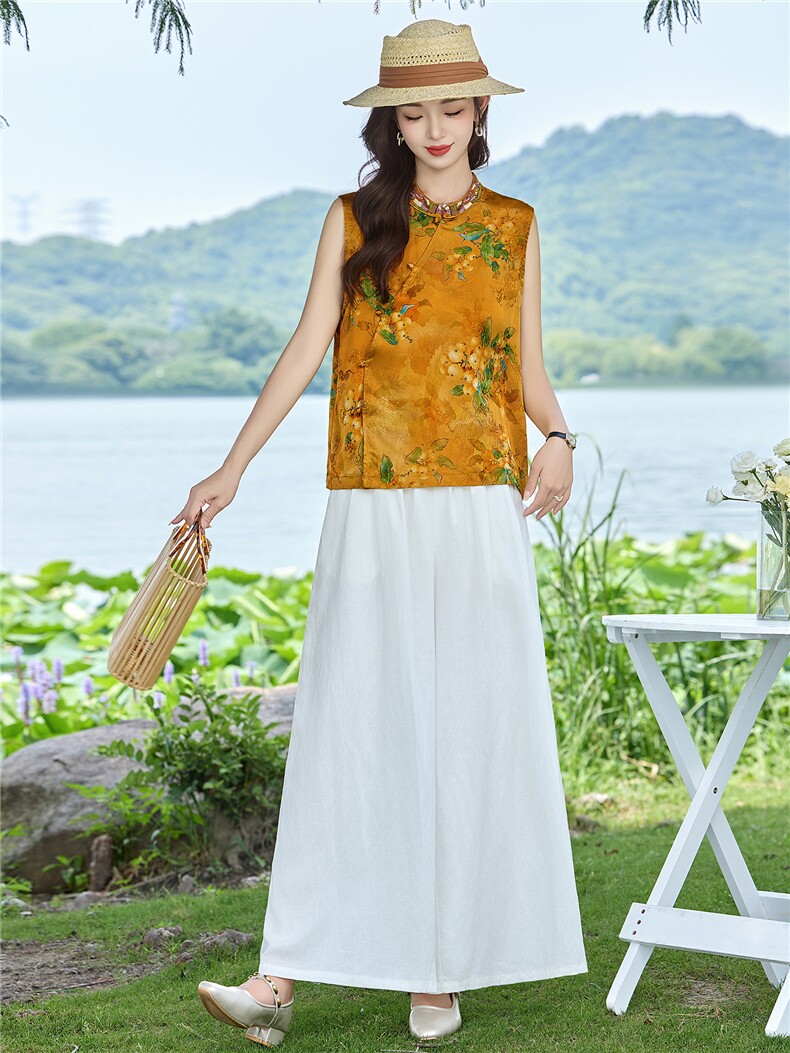 现货2026年夏季新中式上衣麻料阔腿裤子，可分开卖,女装套装/套裙,伊仟回
