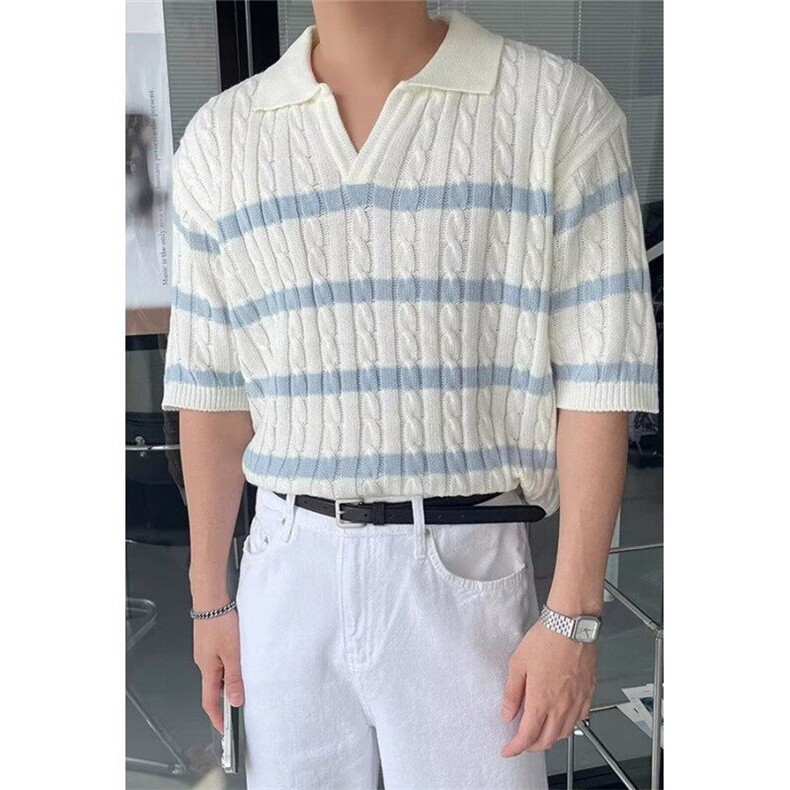 夏季白色翻领Polo衫条纹日系针织衫男短袖上衣T恤衫宽松TZ90,男装Polo衫,星座1116A（原606A-3）