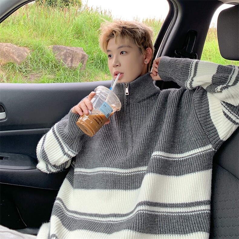 2025新款半拉链条纹高领毛衣男秋冬季男女生慵懒针织衫-控88，男装针织衫/毛衣，星座310A-3