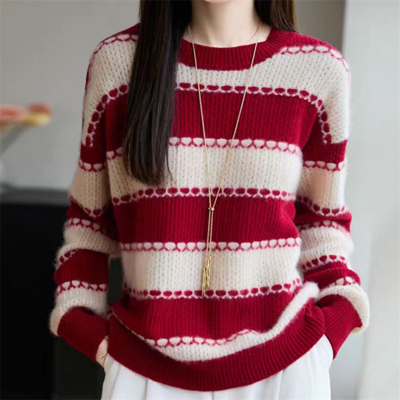 2026年秋季时尚百搭通勤简约休闲条纹圆领，女装针织衫/毛衣，萱芳婷羊绒