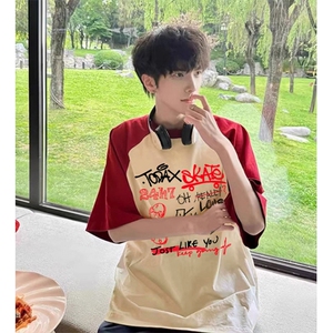 抖音得物高品质二开240克宽松纯棉美式潮牌插肩袖拼接短袖T恤图片