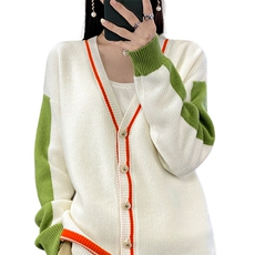 时尚百搭撞色开衫女士羊毛衫舒适保暖显瘦外套，女装羊毛衫，莺澜羊绒