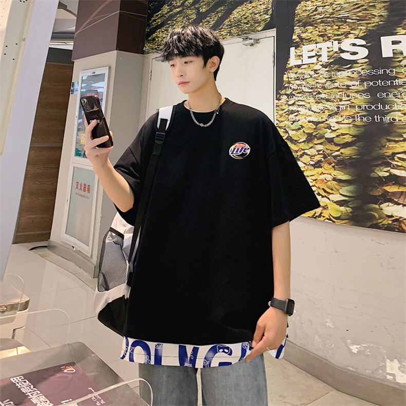 数据！设计感拼接撞色短T恤夏季宽松休闲男上衣XT226-P45控68图片