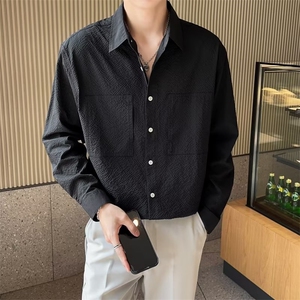 新潮颗粒感面料纯色翻领衬衫韩风高级感长袖男士衬衣薄外套 C905图片