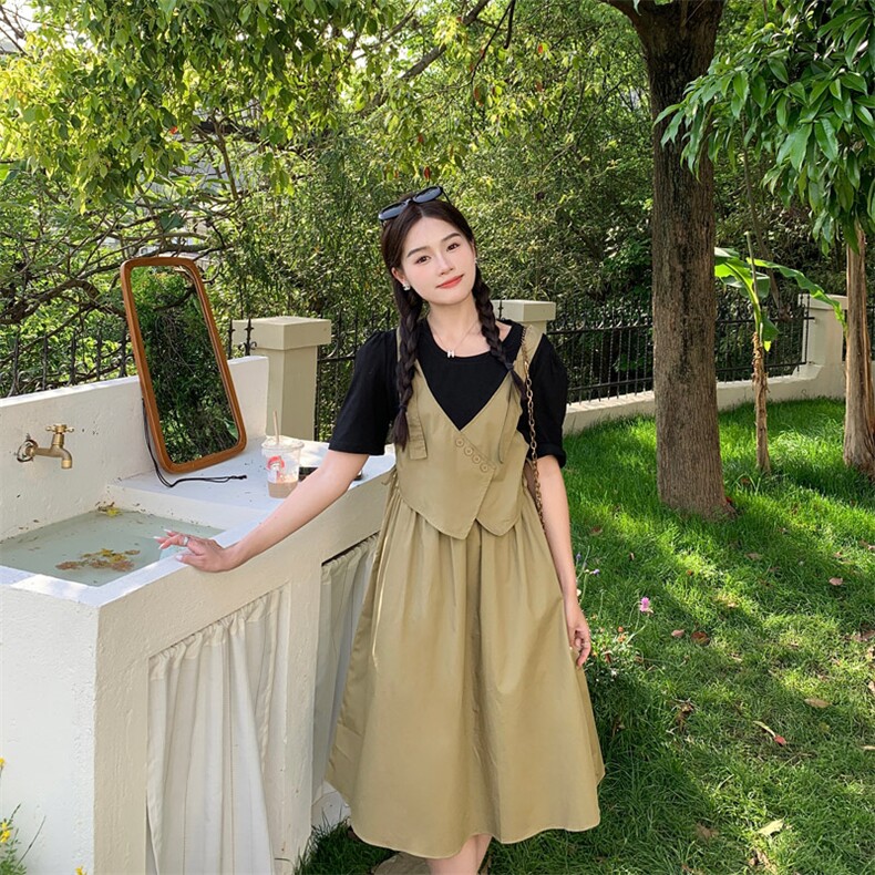 夏季新款拼接假头连衣裙女今年流行的小众设计感高腰中长裙,女装连衣裙,多米2-075