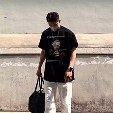 潮牌美式大码短袖男t恤夏季复古街头人物印花重磅纯棉半袖上衣，男装T恤，星座516A